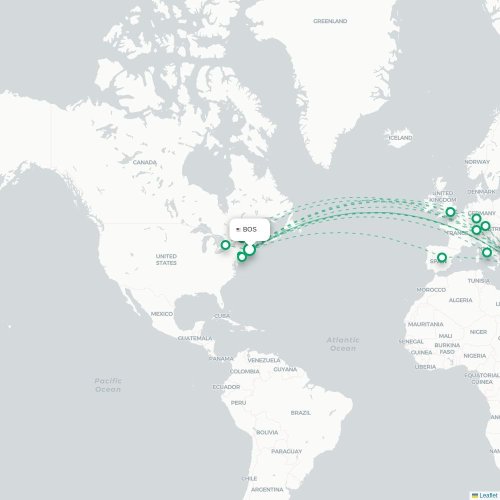 Mapa de vuelo directo Boston - Atenas