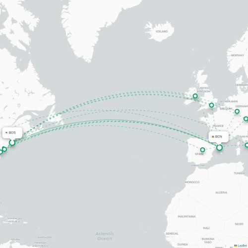 Boston – Barcelona suoran lennon kartta