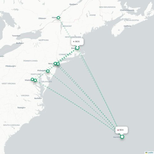 Mapa lotu bezpośredniego Boston – Hamilton