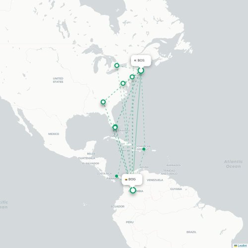 Mapa de vuelo directo Boston - Bogotá