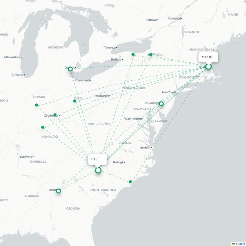Mapa de vuelo directo Boston - Charlotte