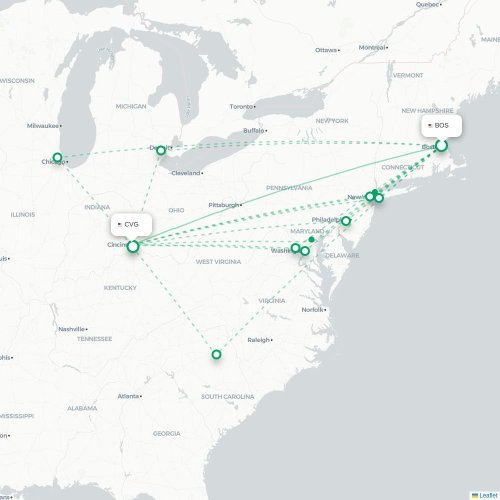 Mapa lotu bezpośredniego Boston – Cincinnati