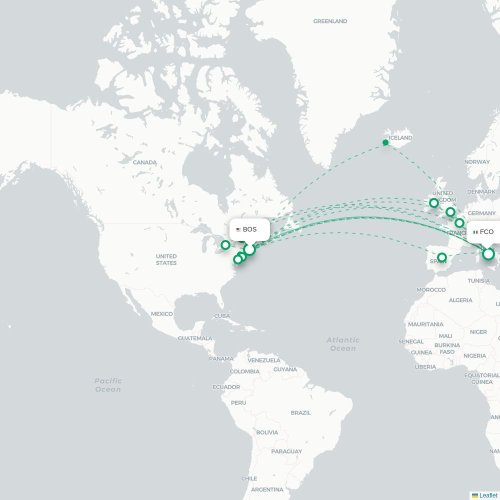 Mapa lotu bezpośredniego Boston – Rzym