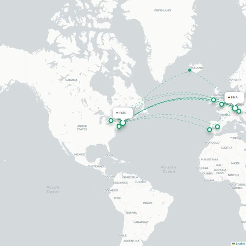 Mapa de vuelo directo Boston - Fráncfort