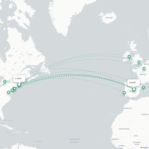Boston – Madrid suoran lennon kartta