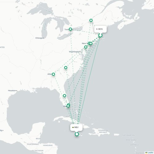 Mapa de vuelo directo Boston - Bahía Montego