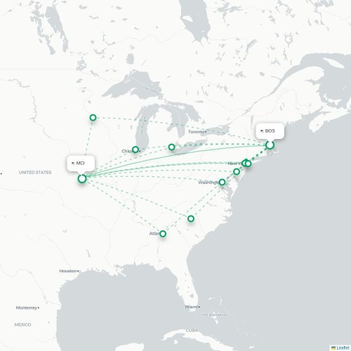 Mapa de vuelo directo Boston - Kansas City