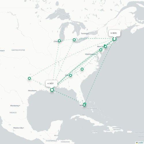 Mapa de vuelo directo Boston - Nueva Orleans
