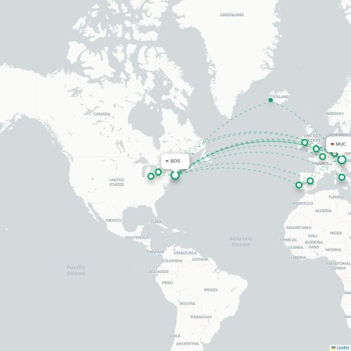 Mapa de vuelo directo Boston - Múnich