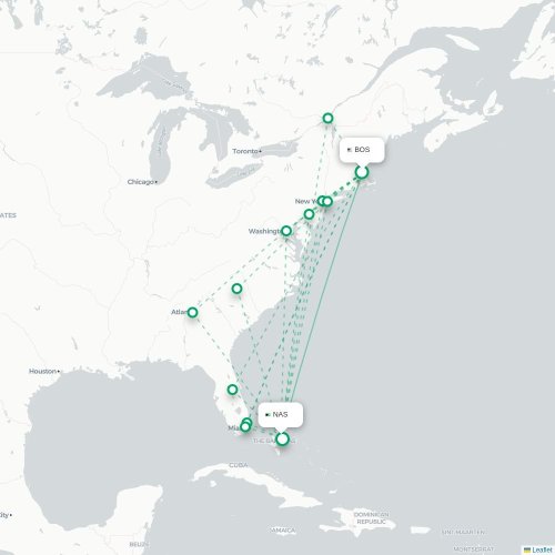 Mapa lotu bezpośredniego Boston – Nassau