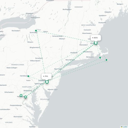 Mapa de vuelo directo Boston - Filadelfia
