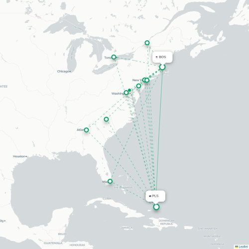 Mapa de vuelo directo Boston - Providenciales