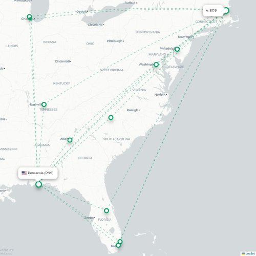 Mapa de vuelo directo Boston - Pensacola
