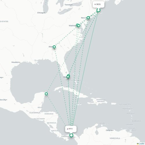 Mapa de vuelo directo Boston - Ciudad de Panamá