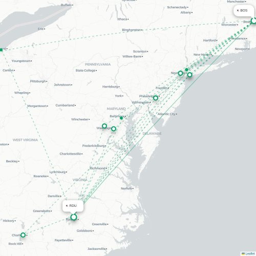 Mapa de vuelo directo Boston - Raleigh