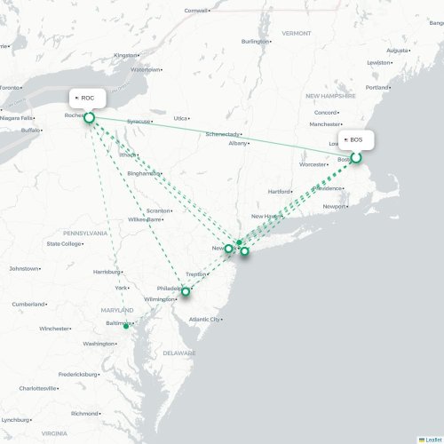 Mapa lotu bezpośredniego Boston – Rochester