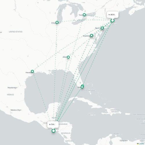 Mapa lotu bezpośredniego Boston – San Salwador