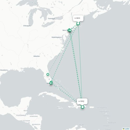 Mapa de vuelo directo Boston - Santo Domingo