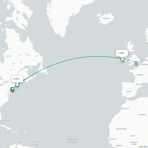 Mapa lotu bezpośredniego Boston – Shannon
