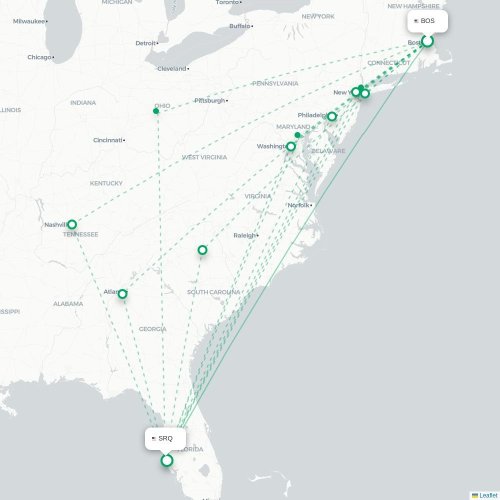 Mapa lotu bezpośredniego Boston – Sarasota