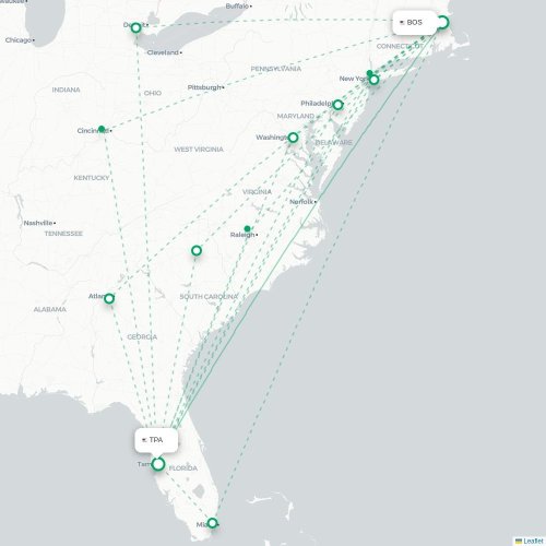 Mapa de vuelo directo Boston - Tampa
