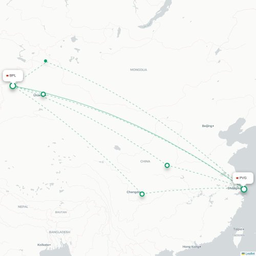 Mapa lotu bezpośredniego Bortala – Szanghaj