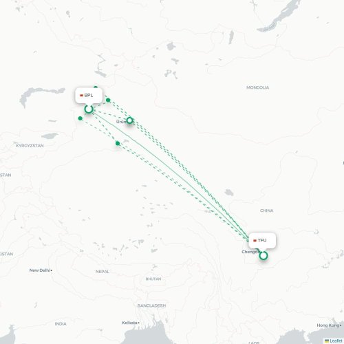 Bortala - Chengdu kaart van rechtstreekse vlucht