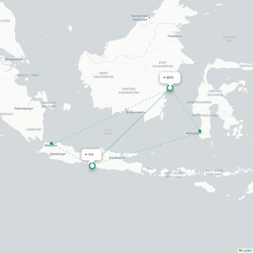 Mapa lotu bezpośredniego Balikpapan – Yogyakarta