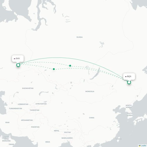 Mapa de vuelo directo Blagoveshchensk - Ekaterinburgo