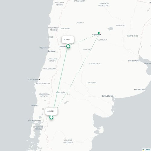 Mapa lotu bezpośredniego Bariloche – Mendoza