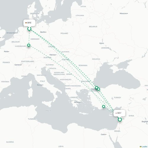 Mapa lotu bezpośredniego Brema – Bejrut