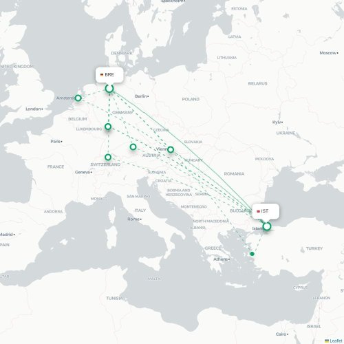 Mapa de vuelo directo Bremen - Estambul