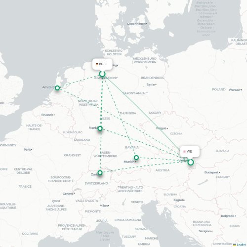 Mapa lotu bezpośredniego Brema – Wiedeń