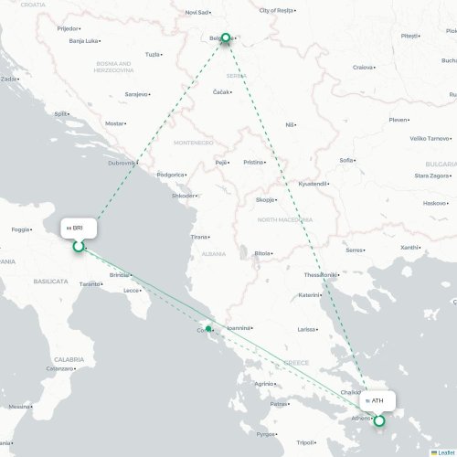Mapa de vuelo directo Bari - Atenas