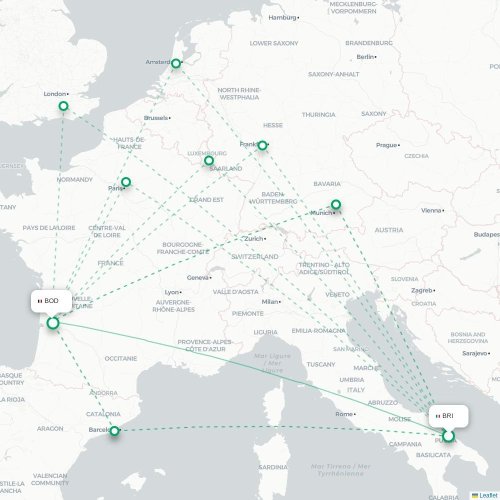 Mapa de vuelo directo Bari - Burdeos