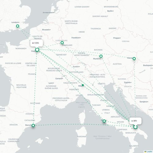Mapa de vuelo directo Bari - París