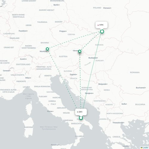 Mapa lotu bezpośredniego Bari – Kraków