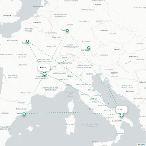 Mapa de vuelo directo Bari - Lyon