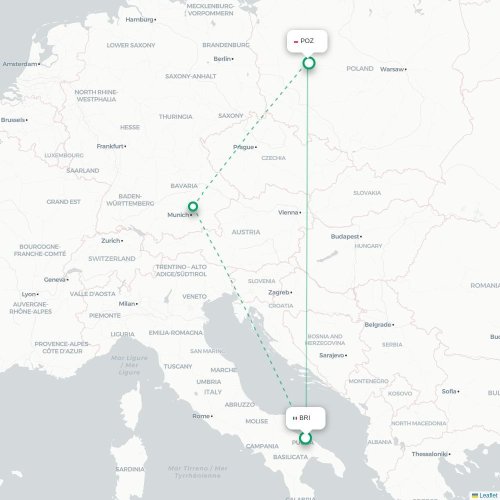 Mapa lotu bezpośredniego Bari – Poznań