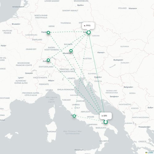 Mapa lotu bezpośredniego Bari – Praga