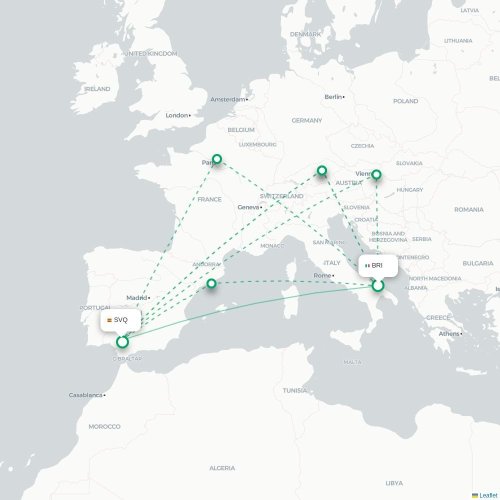 Mapa lotu bezpośredniego Bari – Sewilla