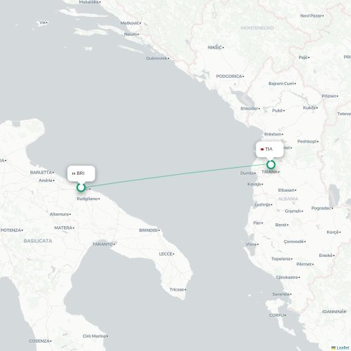 Mapa lotu bezpośredniego Bari – Tirana
