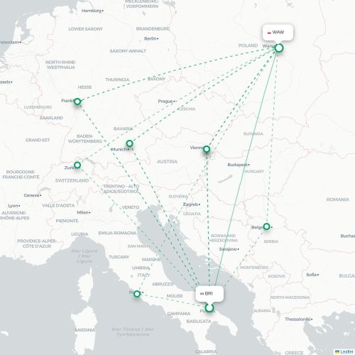 Mapa lotu bezpośredniego Bari – Warszawa