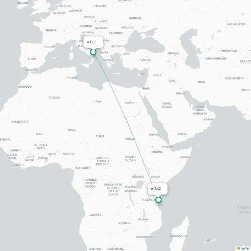 Mapa de vuelo directo Bari - Zanzíbar