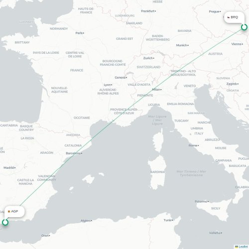 Mapa lotu bezpośredniego Brno – Malaga