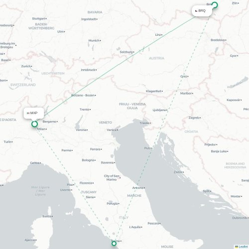 Mapa lotu bezpośredniego Brno – Mediolan