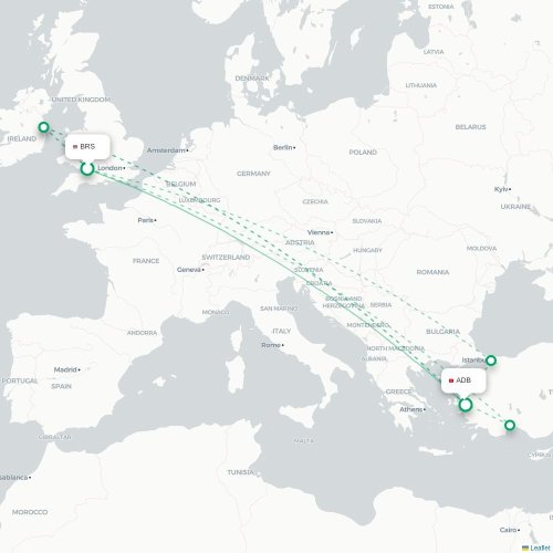 Mapa de vuelo directo Brístol - Esmirna