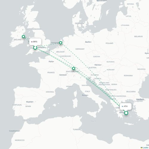 Mapa de vuelo directo Brístol - Atenas