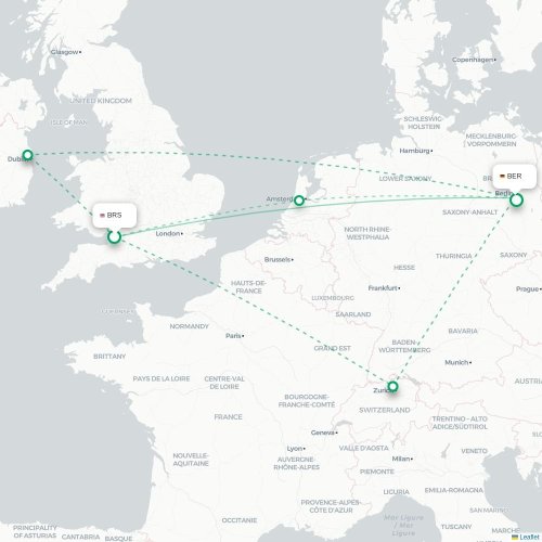 Mapa de vuelo directo Brístol - Berlín