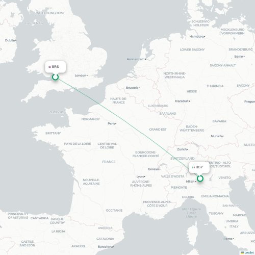 Mapa de vuelo directo Brístol - Bérgamo